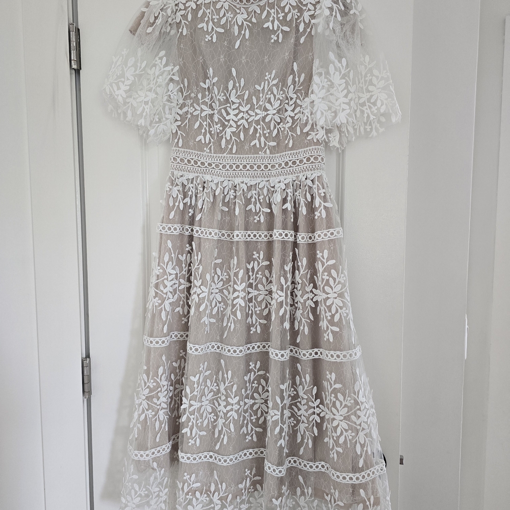 Ivy City Co Beige Dress with White Floral Lace Overlay
